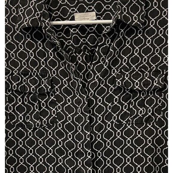 Charter Club Sz XL Linen Blouse Top Black White Long Sleeves Roll Tab - Picture 2 of 10